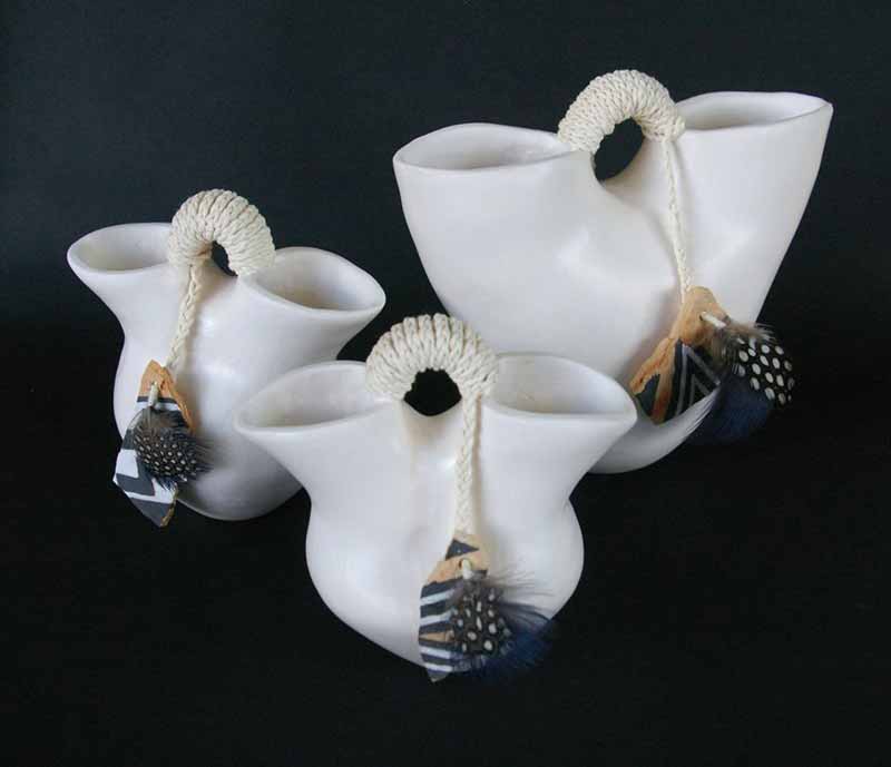 Pueblo Pots I, II & III (hand built burnished stoneware with feather bundles)