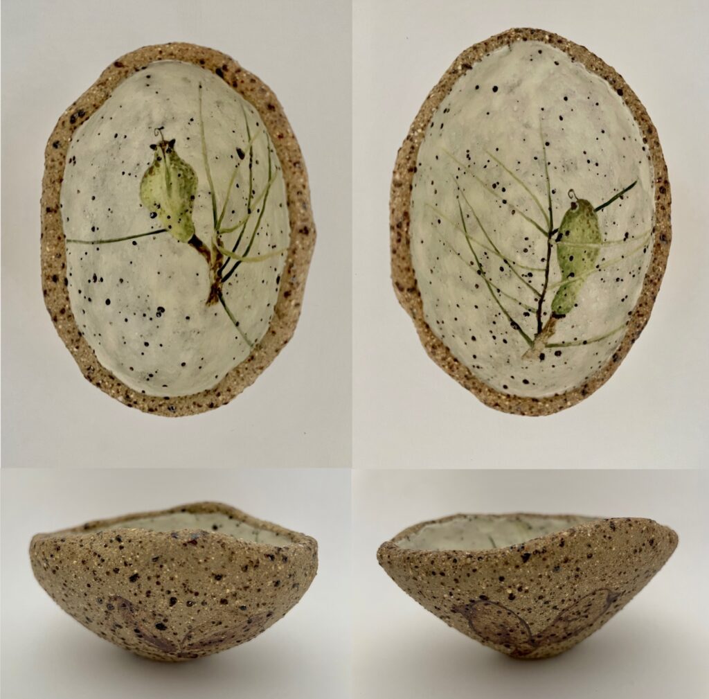 Hakea 1 and 2 (pinch pots) Underglaze on porcelain slip over BRT clay. Reflections on the coastal Hakea gibbbosa, these little pots were inspired by drawings in my sketchbooks.